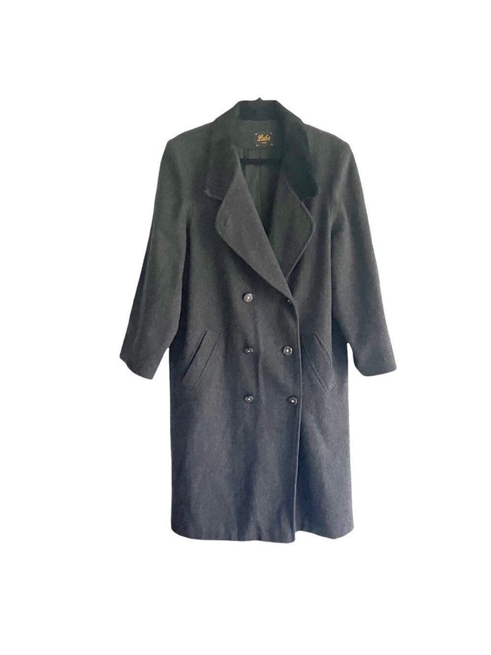LUBA PARIS Vintage Wool Long Double Breasted Winter Coat Black Gray L